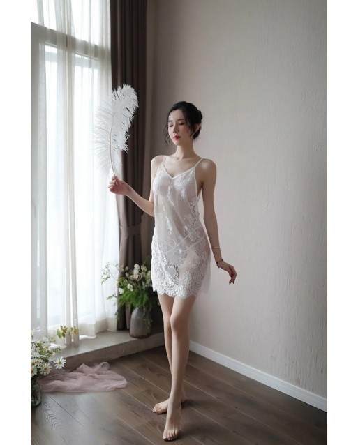 Sexy V Neck Lace Lingerie with G-String JL0324WT (White)