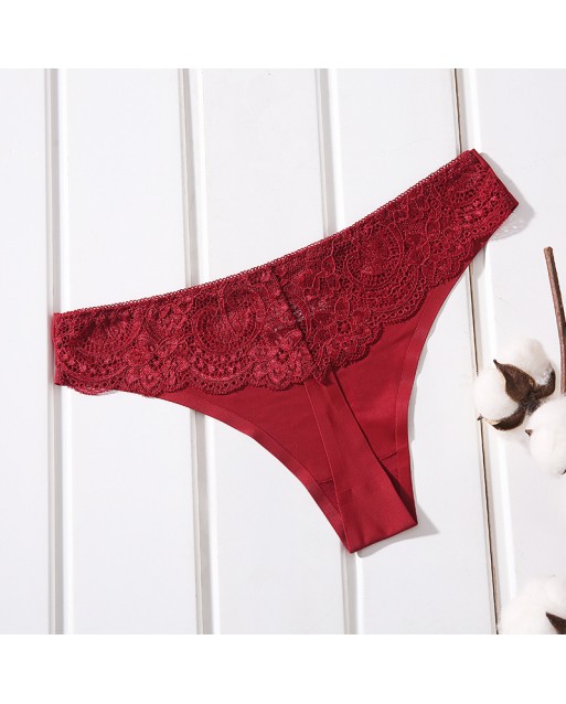 Sexy Wine Red Ice Silk T-Back Panty With Lace Hollow JB0082WR (M / L)