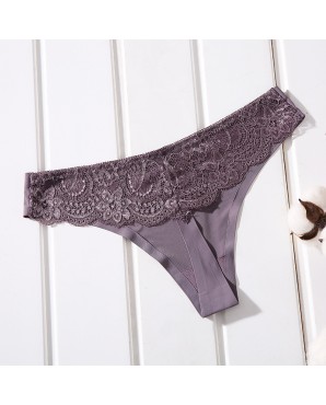 Sexy Coffee Ice Silk T-Back Panty With Lace Hollow JB0082CF (M / L)
