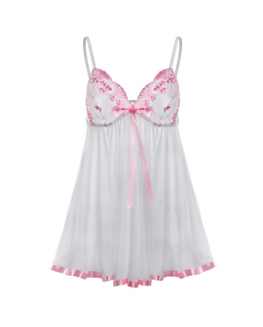 Plus Size White + Pink Floral Bra Transparent Babydoll OY-E20731WTPX (4XL / 5XL / 6XL)