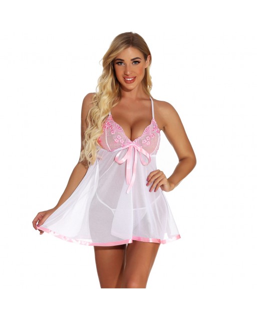 Plus Size White + Pink Floral Bra Transparent Babydoll OY-E20731WTPX (4XL / 5XL / 6XL)