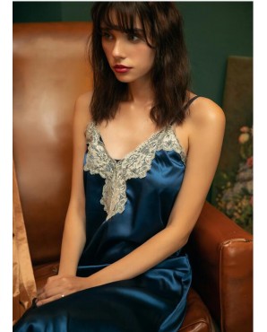 Blue Ice Silk Sexy Long Sleepwear Lingerie with G-String JL0337BL (M / L)