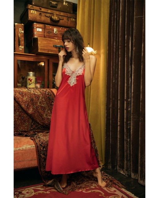 Red Ice Silk Sexy Long Sleepwear Lingerie with G-String JL0337RD (M / L)