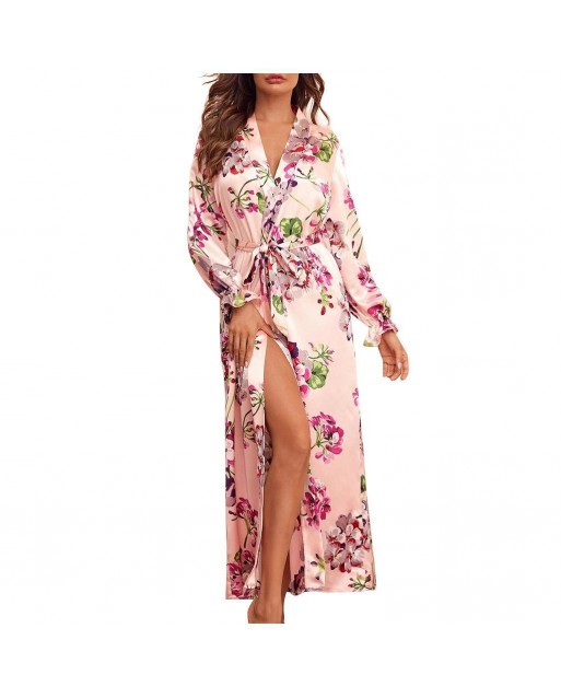 Free Size Flower Ice Silk Long Robe with G-String JL0360 (Fit S- XL)