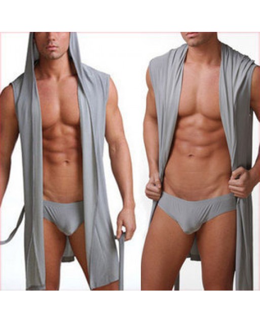 Mens Sexy Robe with thong JM0016GY (Gray. 2pcs Robe + Thong) 