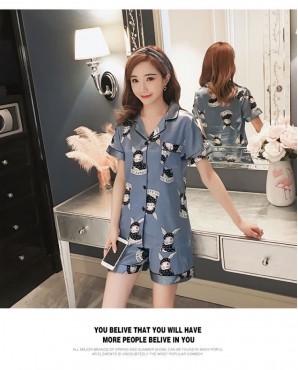 [Stock Clearance] Plus Size Blue Bunny Ice Silk Short Sleeve Pyjamas 2PC JP0042BLPX (3XL / 4XL / 5XL)