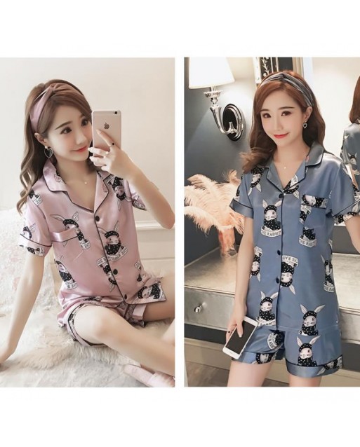 [Stock Clearance] Plus Size Blue Bunny Ice Silk Short Sleeve Pyjamas 2PC JP0042BLP (L / XL / 2XL)