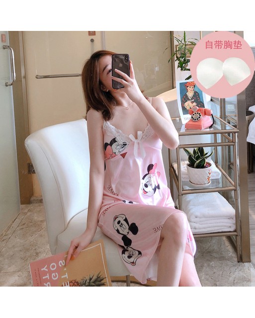 Free Size Pink Mickey Ice Silk Pyjamas Sleepwear with padding JP0043-2