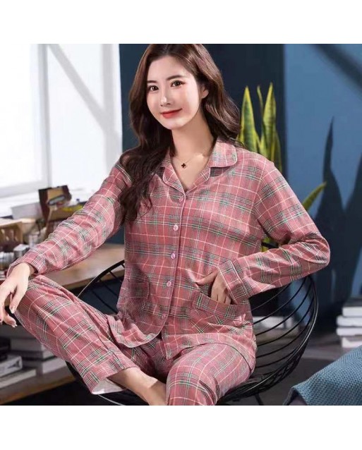 Premium Korea Style Long Sleeve Plaid Milk Silk Night Dress / Sleepwear Set JP0044-01 (L)