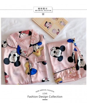 [Stock Clearance] Premium Ice Silk Pink Mickey Long Pyjamas / Night Dress / Sleepwear Set JP0045-806 (M / L)