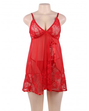 Plus Size Soft Lace Red  Babydoll with G-string OY-R80158-3PX (5XL)