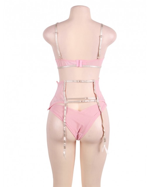 CLEARANCE! Plus Size Seductive Pink 3 Piece Delicate Lace Bra Garter Set OY-R80465P (XL / 3XL)