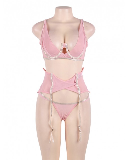 CLEARANCE! Plus Size Seductive Pink 3 Piece Delicate Lace Bra Garter Set OY-R80465P (XL / 3XL)