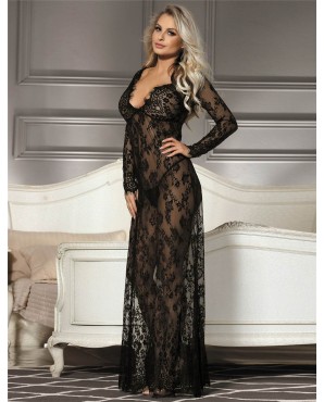 Free Size Black Delicate Lace Long Sleepwear Gown OY-R80497-1