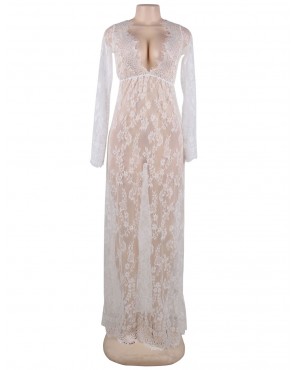 Free Size White Delicate Lace Long Sleepwear Gown OY-R80497-2