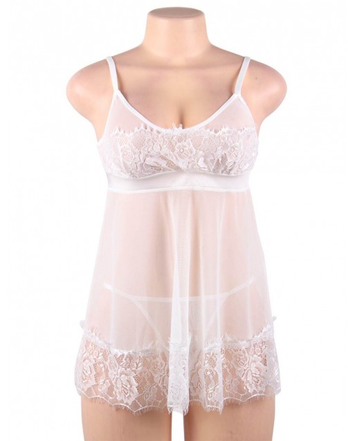 Plus Size Sexy White Eyelash Trim Lace Babydoll Set OY-R80578P (XL / 3XL)