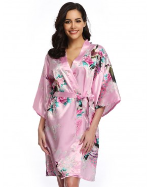CLEARANCE! Flower And Bird Short Kimono Pink Satin Wrap Pajamas OY-R80743-3P (XL / 3XL)