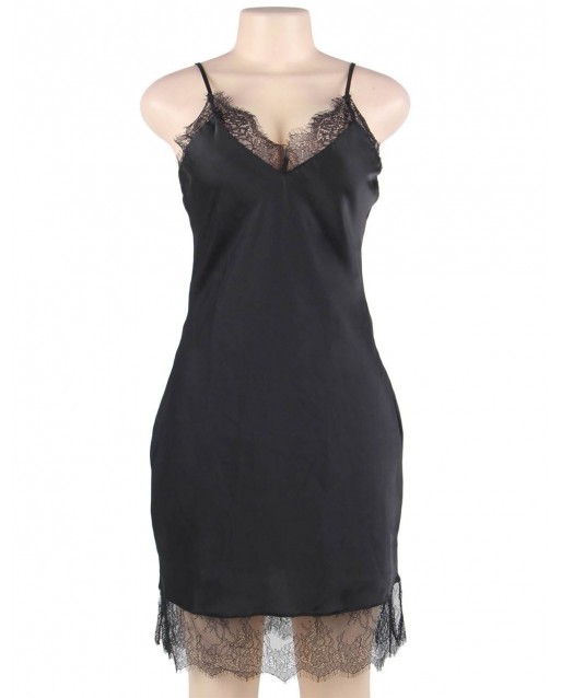 Plus Size Black Sexy Fashion Silk Satin Lace High Quality Women Pajama OY-R80772-1P (XL / 3XL)