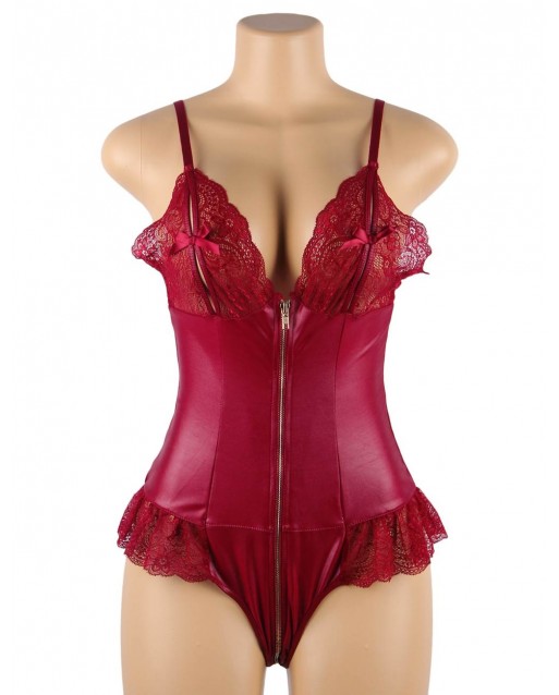CLEARANCE! Plus Size Sexy Lace Leather Stitching Zipper Teddy Clubwear OY-R80939-2P (XL / 3XL)