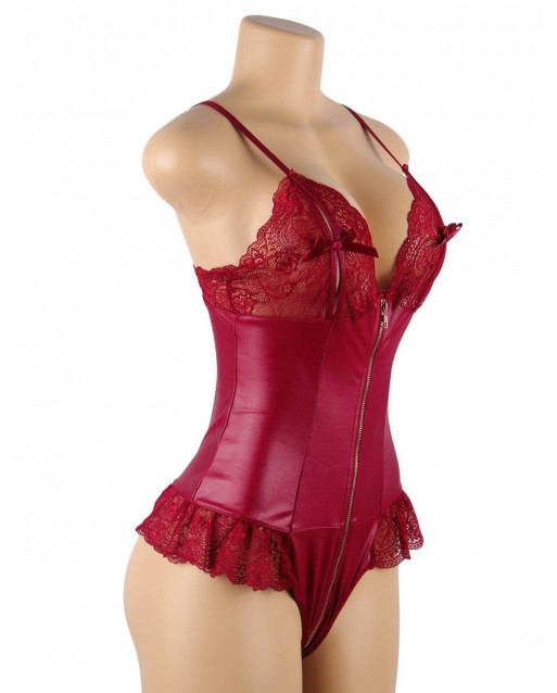 CLEARANCE! Plus Size Sexy Lace Leather Stitching Zipper Teddy Clubwear OY-R80939-2P (XL / 3XL)