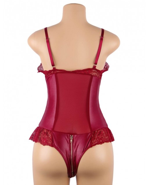 CLEARANCE! Plus Size Sexy Lace Leather Stitching Zipper Teddy Clubwear OY-R80939-2P (XL / 3XL)