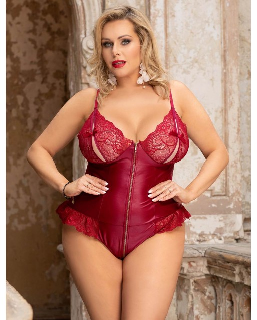 CLEARANCE! Plus Size Sexy Lace Leather Stitching Zipper Teddy Clubwear OY-R80939-2P (XL / 3XL)