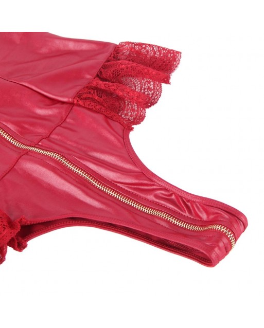 CLEARANCE! Plus Size Sexy Lace Leather Stitching Zipper Teddy Clubwear OY-R80939-2P (XL / 3XL)