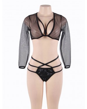 CLEARANCE! Plus Size Black Striped Lace Long Sleeve Bra Set OY-R80644PX (5XL)