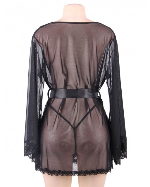 Sexy Long Sleeve Mesh Plus Size Black Sleepwear With Belt OY-R80947-1P (XL / 3XL)
