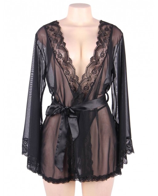 Sexy Long Sleeve Mesh Plus Size Black Sleepwear With Belt OY-R80947-1P (XL / 3XL)