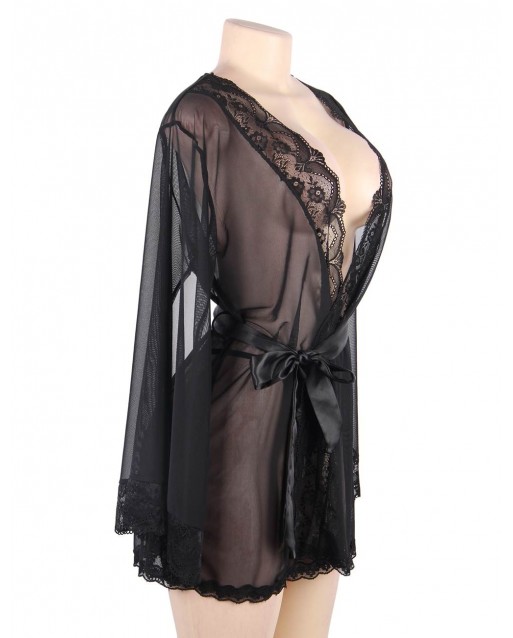 Sexy Long Sleeve Mesh Plus Size Black Sleepwear With Belt OY-R80947-1P (XL / 3XL)