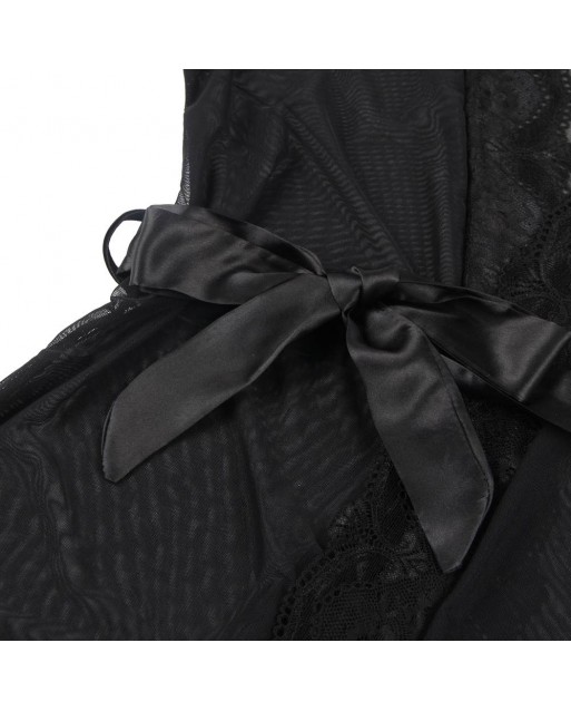 Sexy Long Sleeve Mesh Plus Size Black Sleepwear With Belt OY-R80947-1P (XL / 3XL)