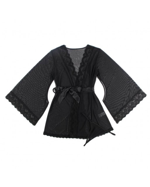 Sexy Long Sleeve Mesh Plus Size Black Sleepwear With Belt OY-R80947-1P (XL / 3XL)