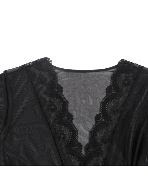 Sexy Long Sleeve Mesh Plus Size Black Sleepwear With Belt OY-R80947-1P (XL / 3XL)