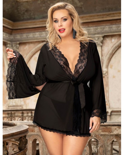 Sexy Long Sleeve Mesh Plus Size Black Sleepwear With Belt OY-R80947-1P (XL / 3XL)