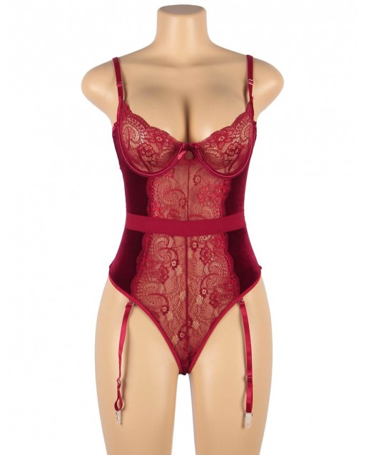 Plus Size Cross Red Lace And Velour Stitching Teddy With Underwire OY-R80949-2PX (5XL)