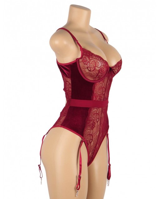 Plus Size Cross Red Lace And Velour Stitching Teddy With Underwire OY-R80949-2PX (5XL)