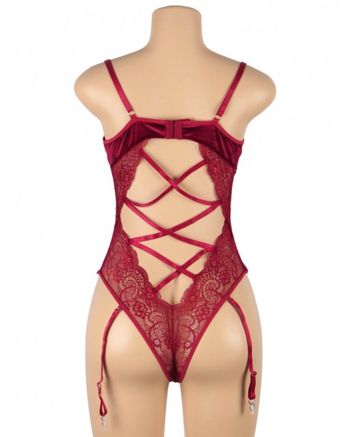 Plus Size Cross Red Lace And Velour Stitching Teddy With Underwire OY-R80949-2PX (5XL)