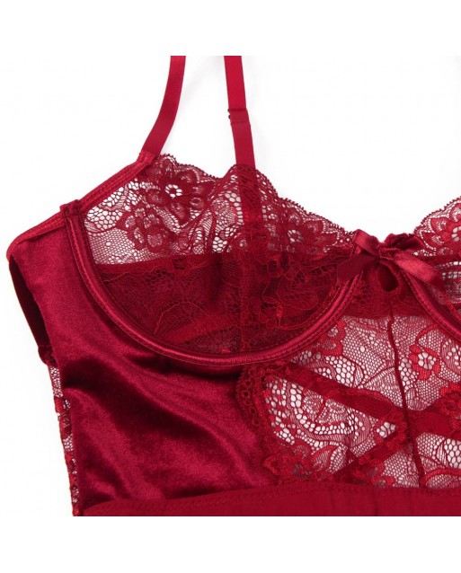 Plus Size Cross Red Lace And Velour Stitching Teddy With Underwire OY-R80949-2PX (5XL)