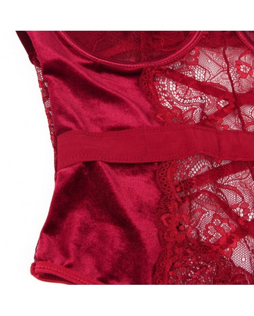 Plus Size Cross Red Lace And Velour Stitching Teddy With Underwire OY-R80949-2PX (5XL)