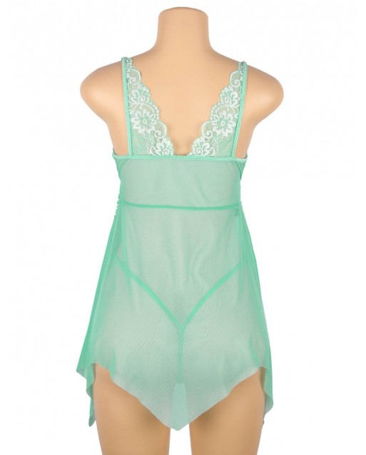 Plus Size Green Lace Stitching Irregular Skirt Perspective Babydoll OY-R81037-3P (XL / 3XL)