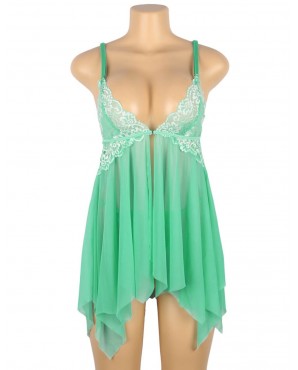 Plus Size Green Lace Stitching Irregular Skirt Perspective Babydoll OY-R81037-3P (XL / 3XL)