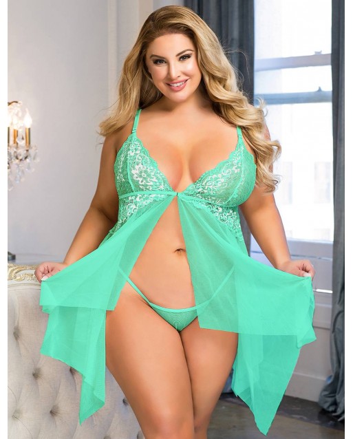 Plus Size Green Lace Stitching Irregular Skirt Perspective Babydoll OY-R81037-3P (XL / 3XL)