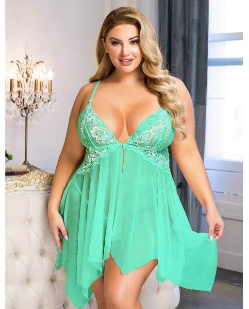 Plus Size Green Lace Stitching Irregular Skirt Perspective Babydoll OY-R81037-3P (XL / 3XL)